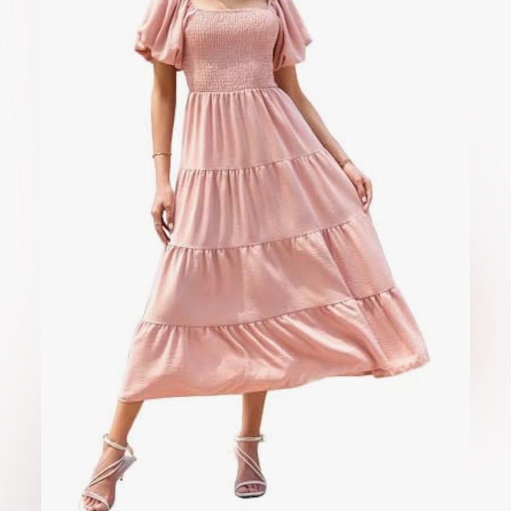 🎉HP🎉 New Pink Velvet Smocked Tiered Midi w/Puff Sleeves XL - Picture 2 of 9